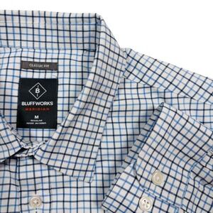 Bluffworks Meridian Button Shirt Mens M White Blue Check Performance Pocket